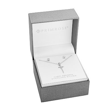 PRIMROSE Sterling Silver Cubic Zirconia Cross & Stud Earring Set