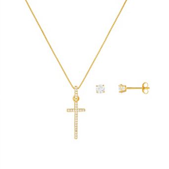 PRIMROSE Sterling Silver Cubic Zirconia Cross & Stud Earring Set