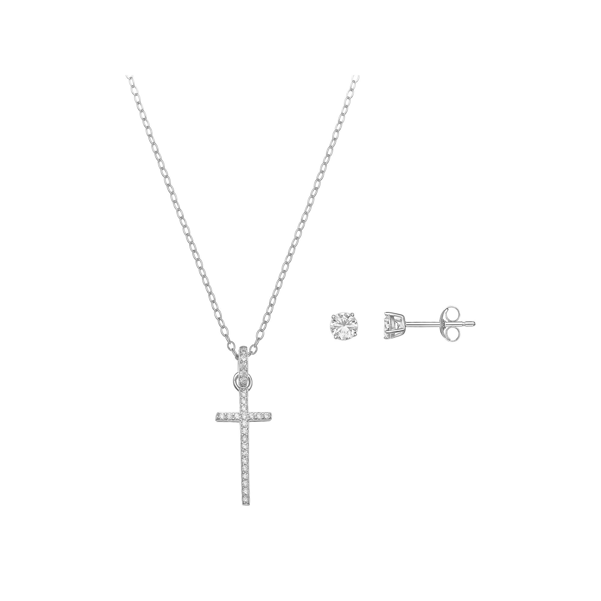PRIMROSE Sterling Silver Cubic Zirconia Cross & Stud Earring Set, Womens, 