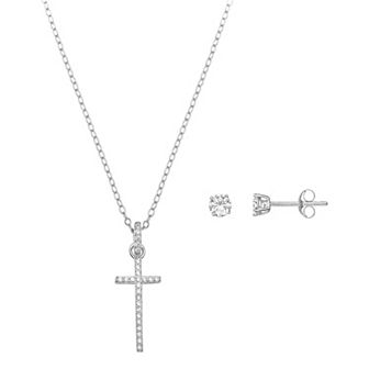 PRIMROSE Sterling Silver Cubic Zirconia Cross & Stud Earring Set