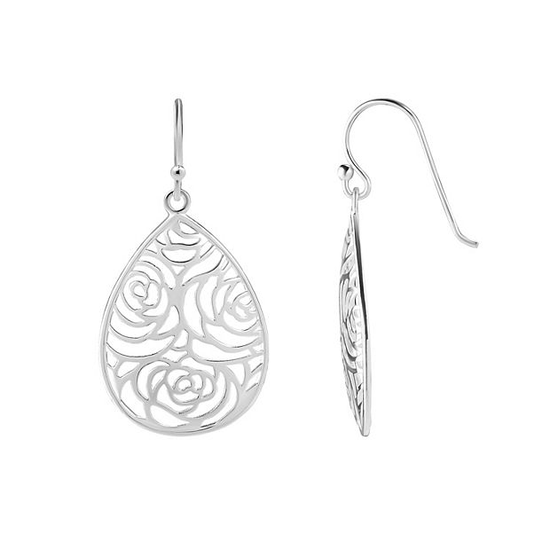 PRIMROSE Sterling Silver Rose Filigree Oval Drop Earrings