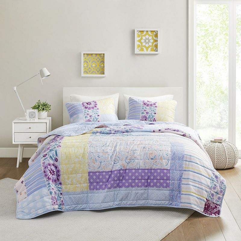 Intelligent Design Joanna Patchwork Printed Cotton Quilt Set, Blue, Full/Qu