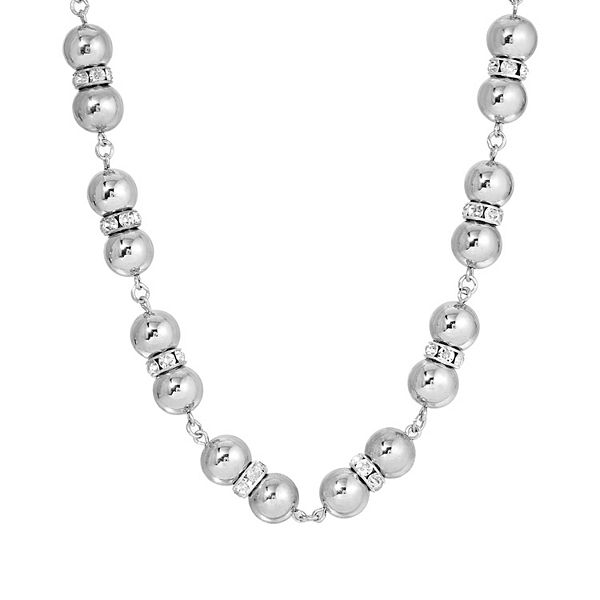 1928 Silver Tone Clear Simulated Crystal Polished Beaded Strand Necklace