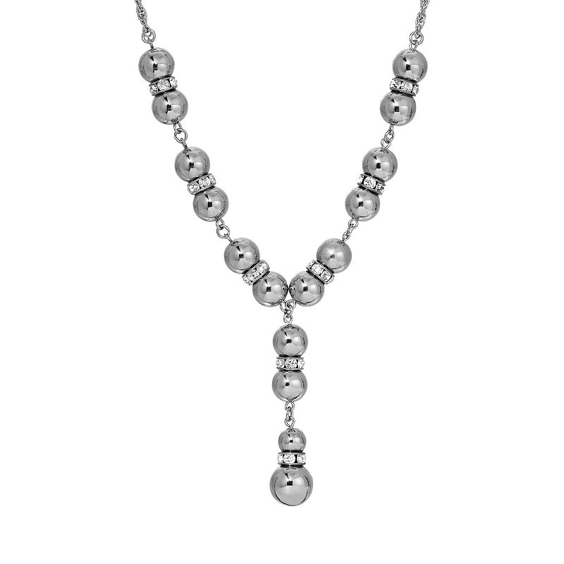 1928 Silver Tone Clear Simulated Crystal Polished Beaded Y-Necklace, Women