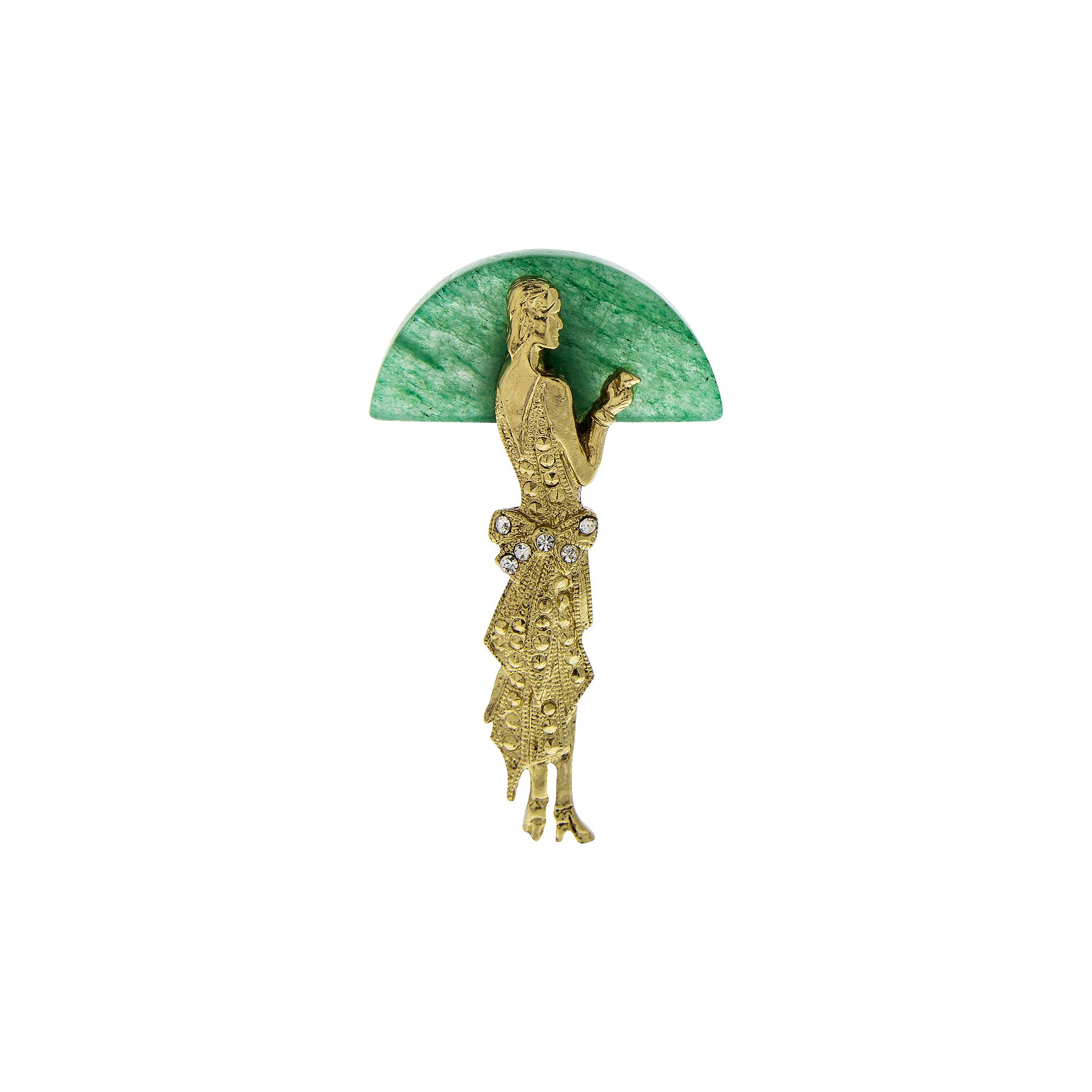 1928 Gold Tone Lady Half Moon Green Aventurine Pin, Womens