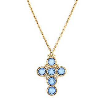1928 Gold Tone Blue Simulated Crystal Cross Pendant Necklace