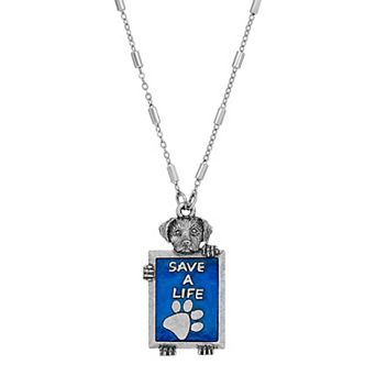 1928 Silver Tone "Save A Life" Dog Frame Necklace