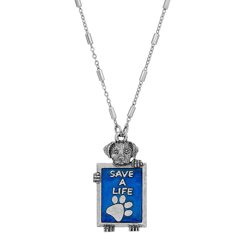 1928 Silver Tone Save A Life Dog Frame Necklace, Womens, Blue