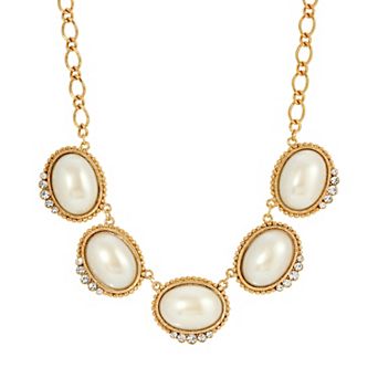 1928 Gold Tone Simulated Pearl & Crystal Collar Necklace