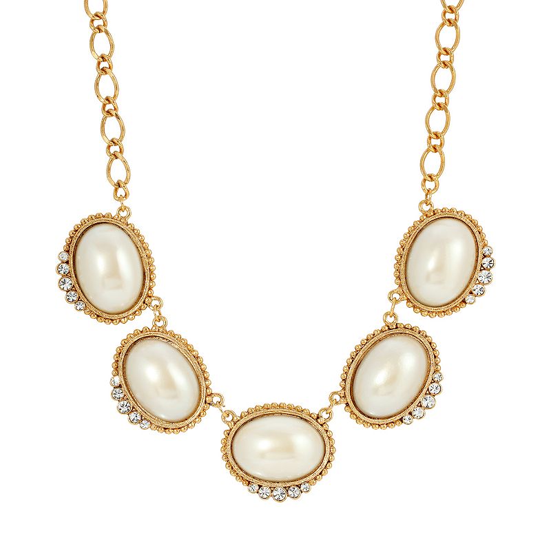 1928 Gold Tone Simulated Pearl & Crystal Collar Necklace, Womens, White