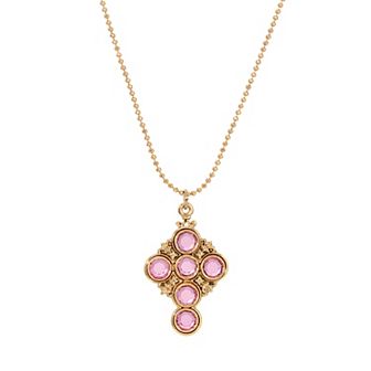 1928 Gold Tone Pink Simulated Crystal Cross Pendant Necklace