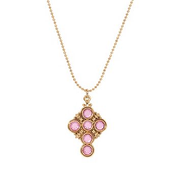 1928 Gold Tone Pink Simulated Crystal Cross Pendant Necklace