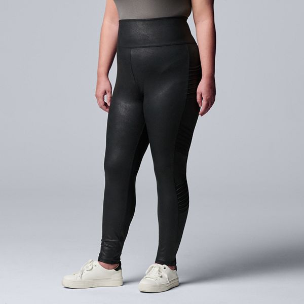 Plus size black, moto leggings with no front or back pockets. 68% cotton,  27% polyester, and 5% spandex. Sold in packs of six - Two XL, Two 2XL, Two  3XL., 735010