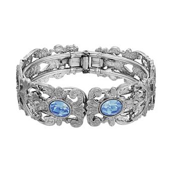 1928 Silver Tone Simulated Crystal Filigree Cuff Bracelet