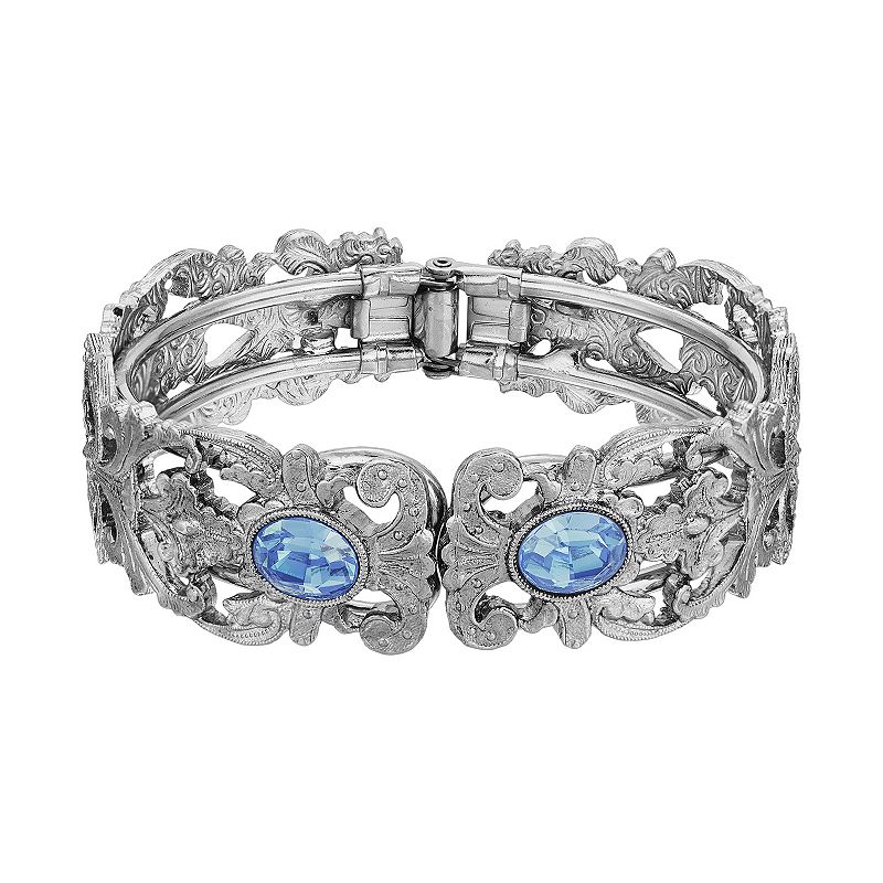 1928 Silver Tone Simulated Crystal Filigree Cuff Bracelet, Womens, Blue