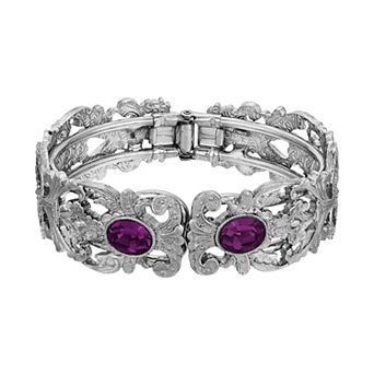 1928 Silver Tone Simulated Crystal Filigree Cuff Bracelet