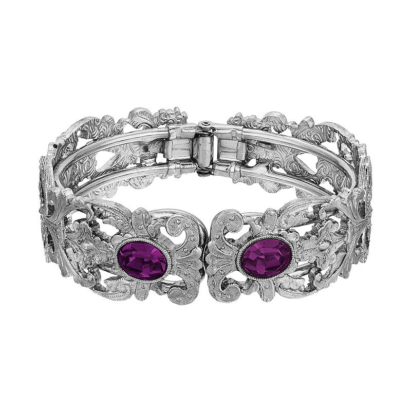 1928 Silver Tone Simulated Crystal Filigree Cuff Bracelet, Womens, Purple