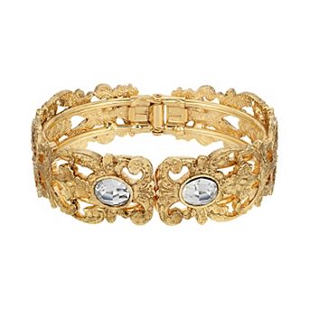 1928 Gold Tone Simulated Crystal Filigree Cuff Bracelet