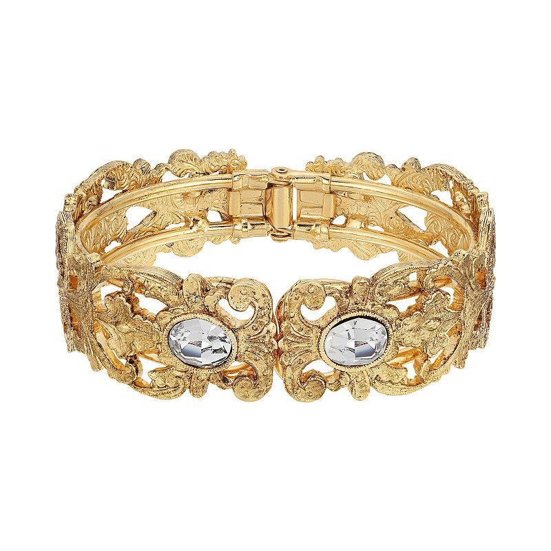 1928 Gold Tone Simulated Crystal Filigree Cuff Bracelet, Womens, Multicolo