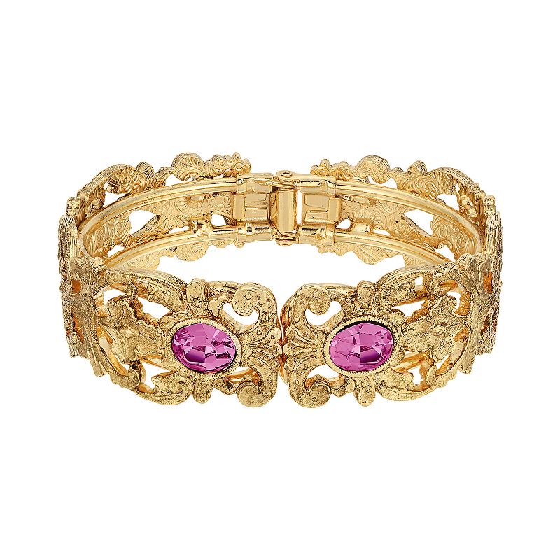 1928 Gold Tone Simulated Crystal Filigree Cuff Bracelet, Womens, Pink