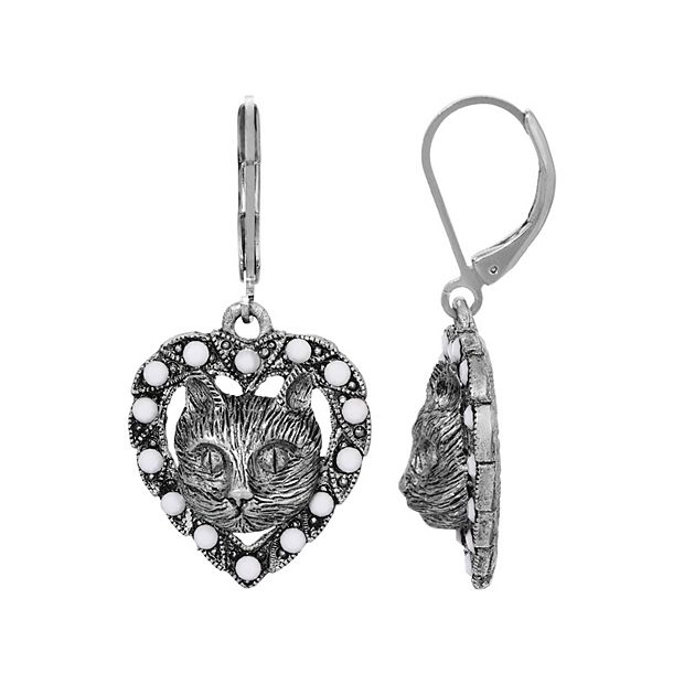 1928 Silver Tone Cat Heart Leverback Earrings