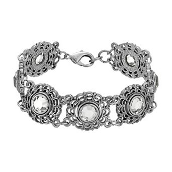 1928 Silver Tone Round Crystal Stone Bracelet