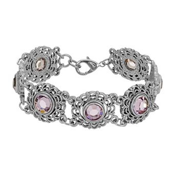 1928 Silver Tone Round Crystal Stone Bracelet