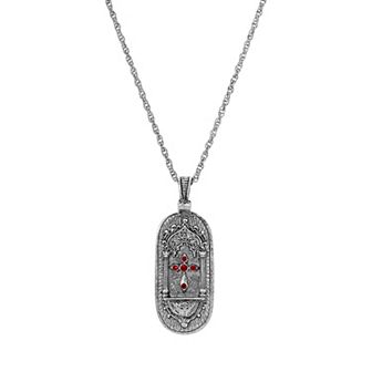 1928 Silver Tone Red Simulated Crystal Cross Medallion Pendant Necklace