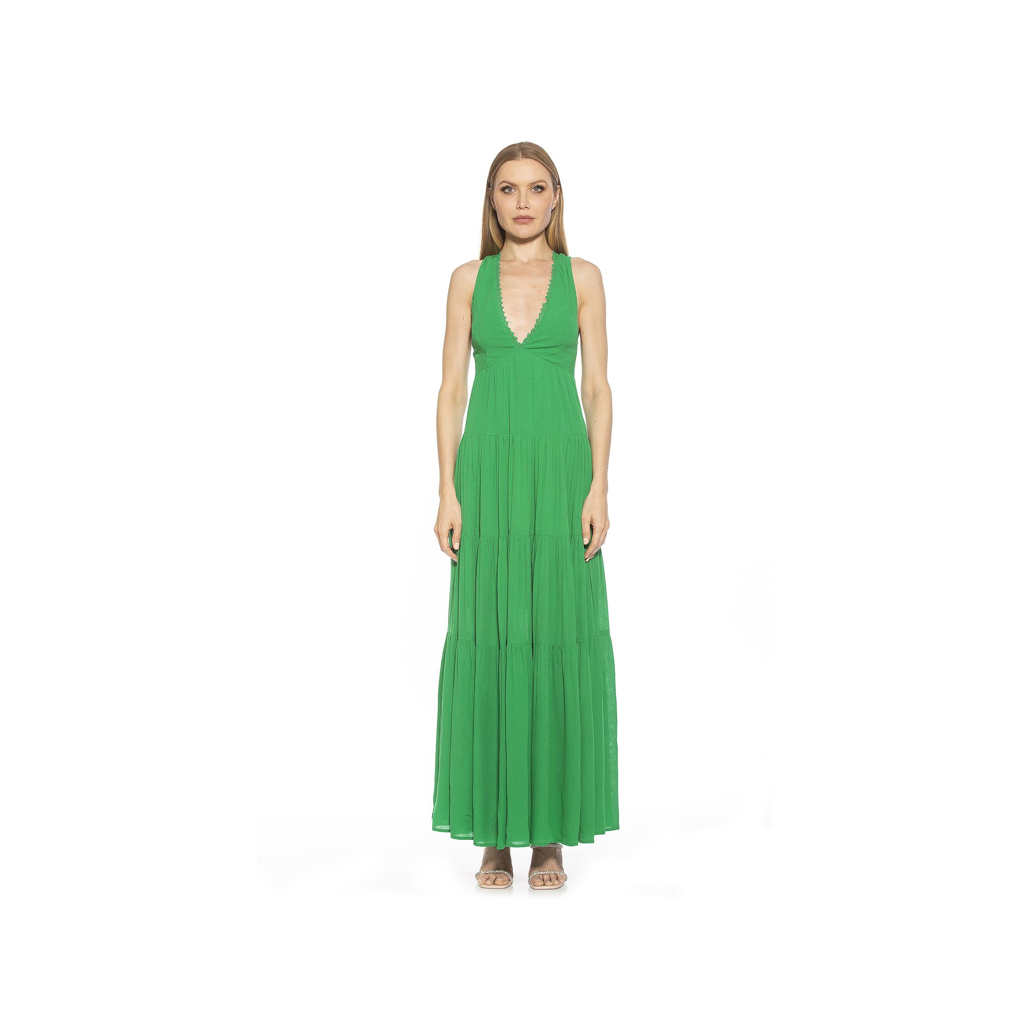 Womens ALEXIA ADMOR Tezzi Lace Trim V-Neck Tiered Maxi Dress, Size: 10, Gr
