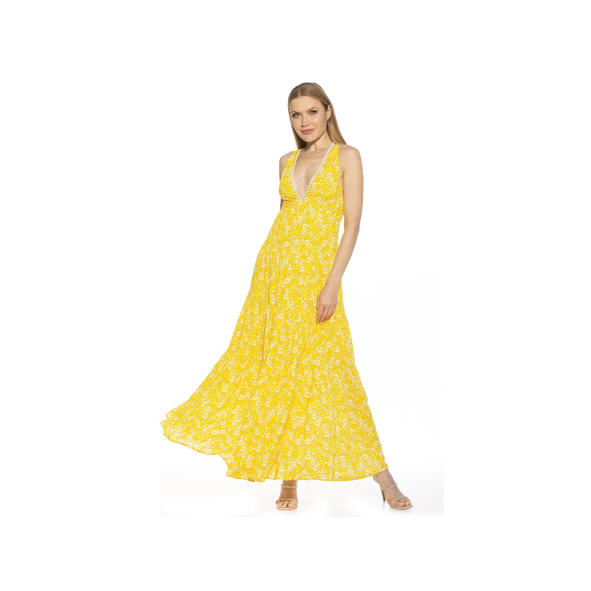 Womens ALEXIA ADMOR Tezzi Lace Trim V-Neck Tiered Maxi Dress, Size: 2, Yel