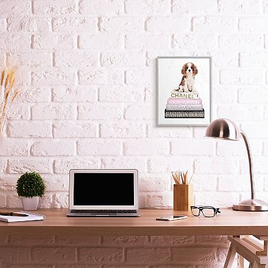 Stupell Home Decor Resting Spaniel Fashion Bookstack Framed Wall Art