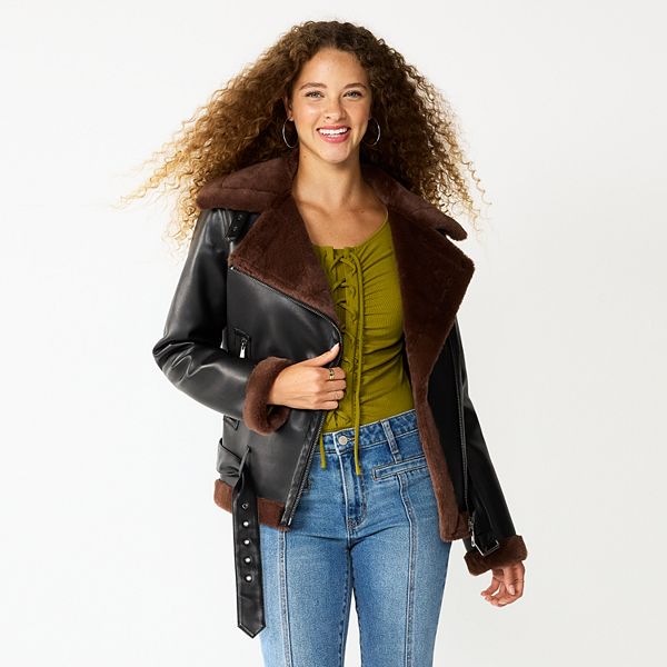 Juniors SO Vegan Leather Faux Fur Lined Moto Jacket