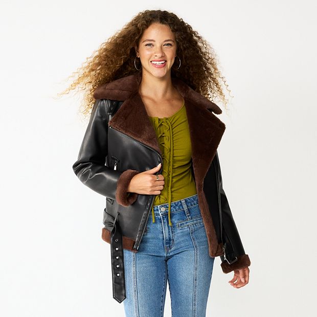 Faux Fur Lined Leather Shearling Moto Jacket