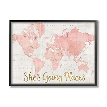 Stupell Home Decor She's Going Places Quote Pink Watercolor World Map