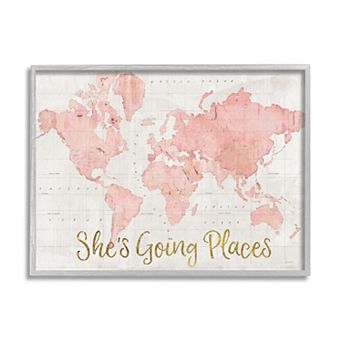 Stupell Home Decor She's Going Places Quote Pink Watercolor World Map
