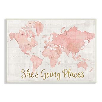 Stupell Home Decor She's Going Places Pink Watercolor World Map Wall Art