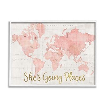 Stupell Home Decor She's Going Places Pink Watercolor World Map Wall Art