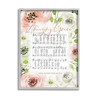 Stupell Home Decor Amazing Grace Pink Floral Music Sheet Wall Art - Gray Frame