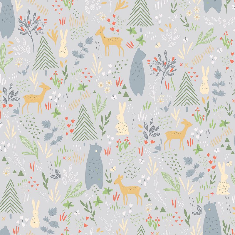 RoomMates Spring Forest Pals Peel and Stick Wallpaper, Grey