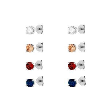 PRIMROSE 4 Pair Sterling Silver Multi Color Cubic Zirconia Stud Earring Set