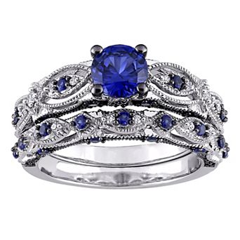 Stella Grace 10k White Gold Lab-Created Sapphire & 1/10 Carat T.W. Diamond Vintage Filigree Engagement Ring Set