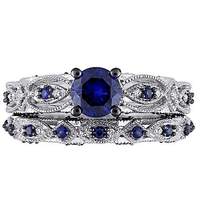 Stella Grace 10k White Gold Lab-Created Sapphire & 1/10 Carat T.W. Diamond Vintage Filigree Engagement Ring Set