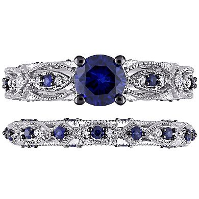Stella Grace 10k White Gold Lab-Created Sapphire & 1/10 Carat T.W. Diamond Vintage Filigree Engagement Ring Set