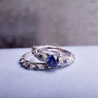 Stella Grace 10k White Gold Lab-Created Sapphire & 1/10 Carat T.W. Diamond Vintage Filigree Engagement Ring Set