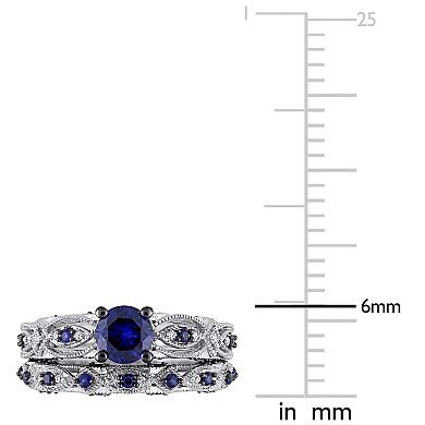 Stella Grace 10k White Gold Lab-Created Sapphire & 1/10 Carat T.W. Diamond Vintage Filigree Engagement Ring Set