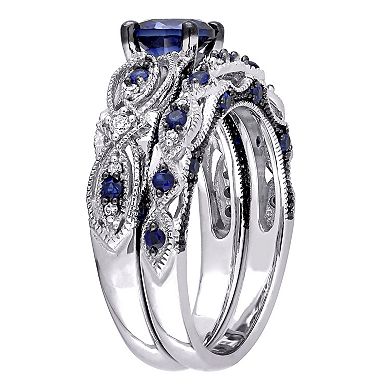 Stella Grace 10k White Gold Lab-Created Sapphire & 1/10 Carat T.W. Diamond Vintage Filigree Engagement Ring Set