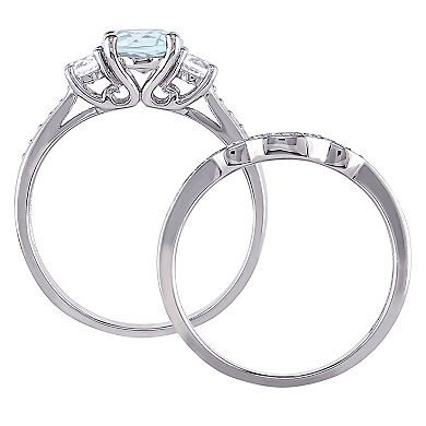 Stella Grace 10k White Gold Aquamarine, Lab-Created White Sapphire & 1/8 Carat T.W. Diamond Vintage Engagement Ring Set