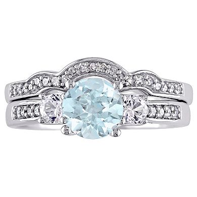 Stella Grace 10k White Gold Aquamarine, Lab-Created White Sapphire & 1/8 Carat T.W. Diamond Vintage Engagement Ring Set