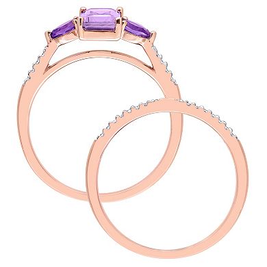 Stella Grace 10k Rose Gold Rose de France, African Amethyst & 1/10 Carat T.W. Diamond Engagement Ring Set