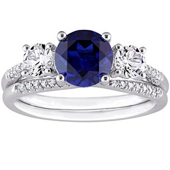 Stella Grace 10k White Gold Lab-Created Sapphire, Lab-Created White Sapphire & 1/10 Carat T.W. Diamond 3-Stone Engagement Ring Set